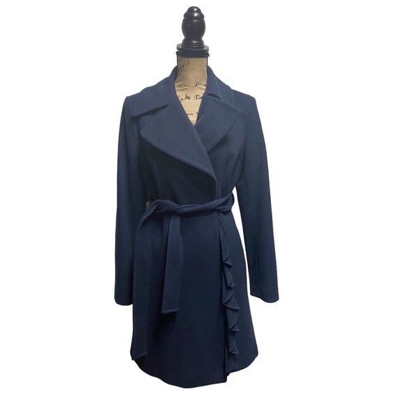 TAHARI LORO PIANA 6 Navy Blue Ruffled Belted Wool Coat Midi Italian Cascading - Picture 1 of 11